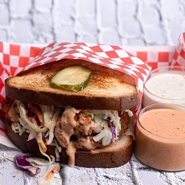 Bred Hot Chicken sandwich with coleslaw, sauce, and a pickle, served with two dipping sauces.