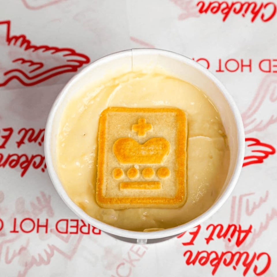 Bred Hot Chicken's banana pudding in a white cup, topped with a cookie featuring a crown.
